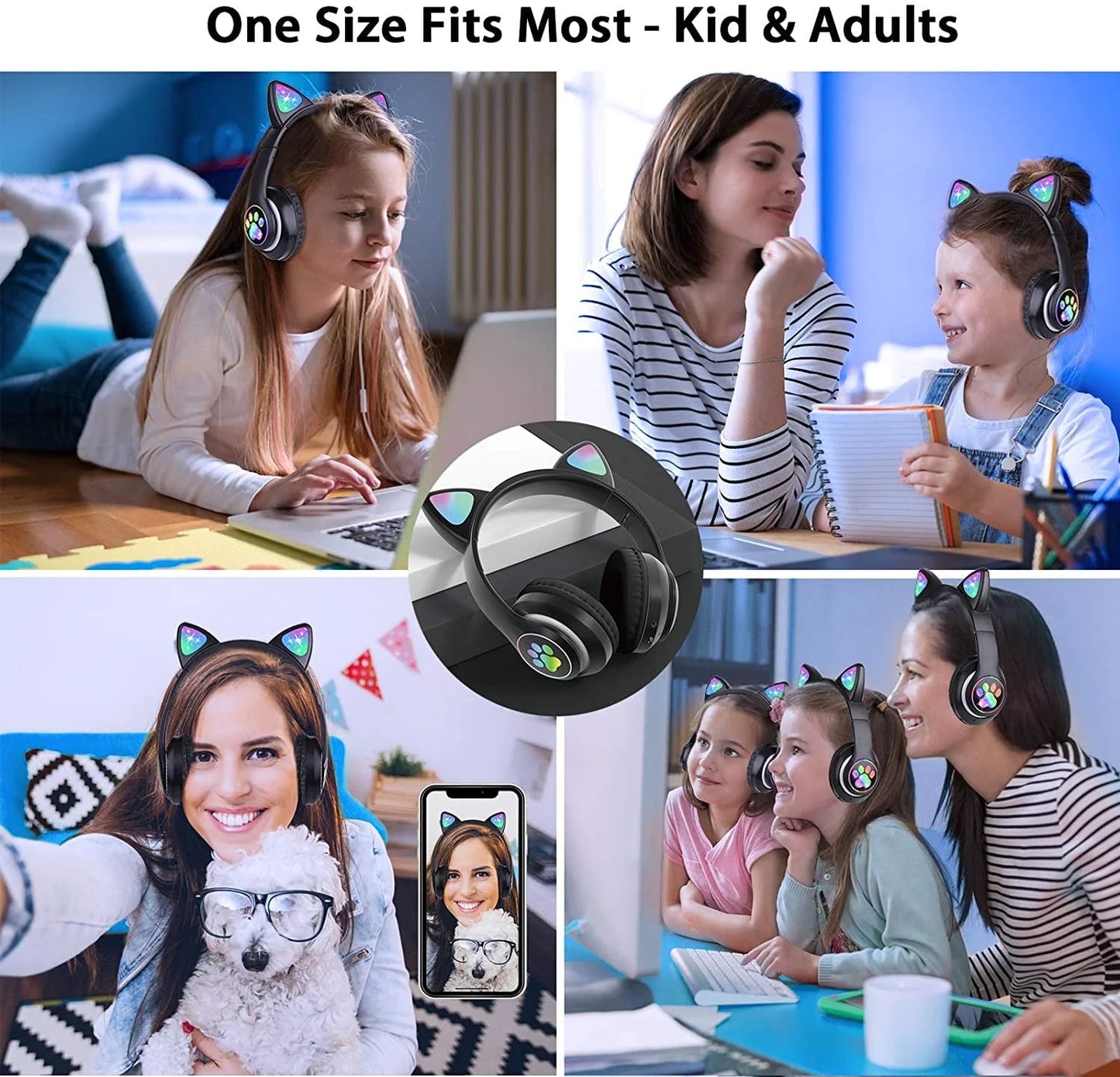 Kids Headphones, Cat Ear Wireless Headphones, LED Light up Kids Bluetooth Headphones over on Ear Black