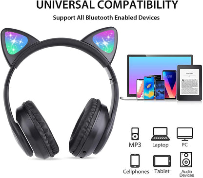 Kids Headphones, Cat Ear Wireless Headphones, LED Light up Kids Bluetooth Headphones over on Ear Black